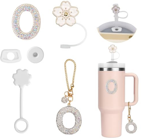 6PCS Accesorios Personalizados para Stanley Cup,Fundas de Pajitas,Decoración de Iniciales, Pegatinas de Letras,Encantos de Letras para Vaso Stanley y Ttapón Antiderrame para Stanley Cup (O)