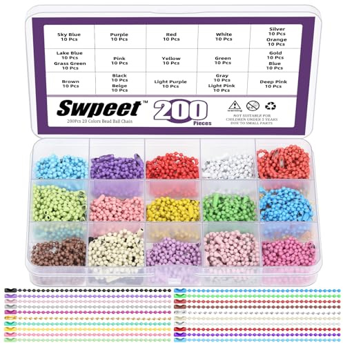 Swpeet 200 cadenas de esferas en 20 colores con kit surtido de conectores, cadenas de metal para colgar adornos navideños, joyas, llaveros, manualidades