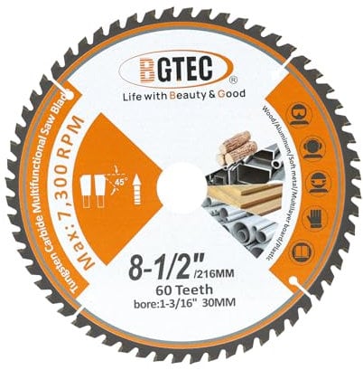Lame de Scie Circulaire TCT Dents en Carbure Usage Général 216MM 60T Dics de Coupe Avec 30MM Arbor pour Bois Aluminium Plastique Cuivre BGTEC