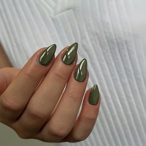 SXVME Olive Green Press on Nails Short Almond Shaped, 30 Pcs Thick Short False Nails Natural Acrylic Nails Custom Solid Color Press ons Natural Fit For Women