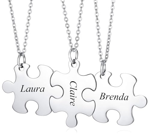 INBLUE Personalisierte Halskette für Männer/Frauen, Paar-/Freundschaftskette für 2/3/4/5 Teile, Schwarz/Silber Herz-Puzzle-Teile-Halsketten-Sets, Name/Text-Gravur Edelstahl-Halskette