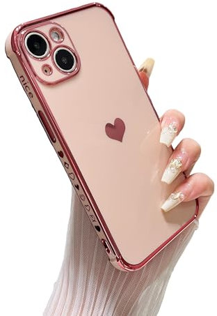 DEFBSC Compatible with iPhone 13 Case for Girls Women, Fashion Cute Side Love Heart Pattern Plated Edge Soft TPU Bumper Shockproof Protective Phone Case - Pink