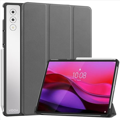 GIOPUEY Cover Compatibile con Lenovo YOGA Tab Plus, Flip Pelle Custodia, Pelle case con Staffa, Protezione a 360° - Grigio