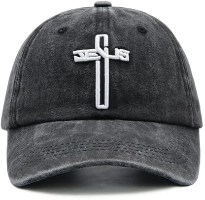 Jesus Kreuz Baseball Cap für Herren und Damen, Religiöses Geschenk für Christen Vintage, Embroiderierter Hut aus Gewaschener Baumwolle，Schwarz