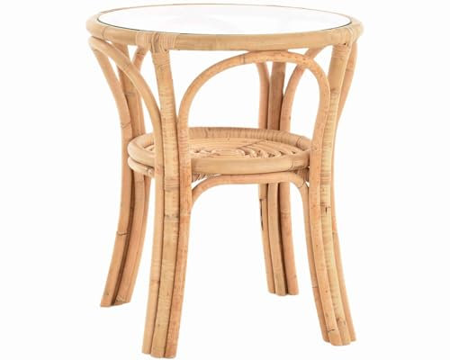 Krines Home Rattantisch klein Ø 56 cm mit Glasplatte Beistelltisch rund Wohnzimmertisch Kaffeetisch (Natur, Ø56cm)