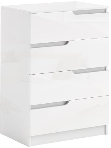 HOMCOM Kommode Beistellschrank mit 4 Schubladen, Schubladenkommode für Wohnzimmer, Schlafzimmer, Hochglanzweiß 60 x 40 x 85cm