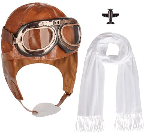 Fliegermütze mit Brille Kostüm Zubehör Pilot Hut Brille Set, 4Pcs Pilot Kostüm Vintage Flieger Mütze mit Schutzbrille, weißer Schal und Brosche für Halloween, Karrieretag, Luftfahrtpiloten Mottoparty