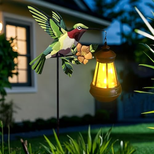 Hekasvm Solarlaterne für Außen,Gartendeko für Draußen Wetterfest Metall Tierfiguren(Frosch oder Kolibri) mit Solar Laterne,Garten Deko, Balkon, Terrasse, Rasen,Geburtstagsgeschenk (Kolibri)