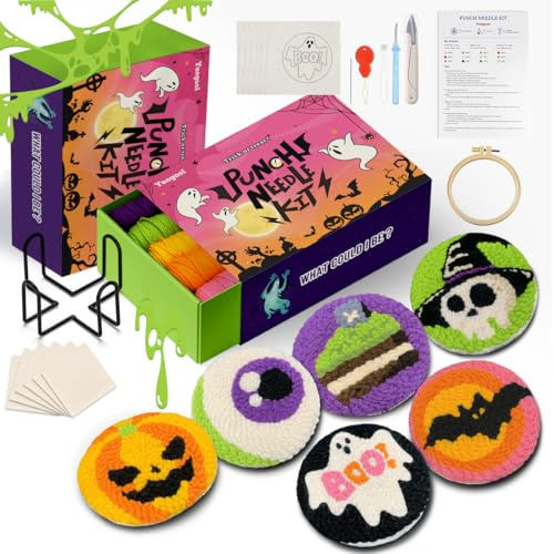 yuegool Kit de 6 sous-verres d'Halloween à aiguilles à poinçonner – Kit de broderie facile à faire soi-même pour débutants, adultes et enfants | Comprend des motifs, des outils, des fils, des cerceaux