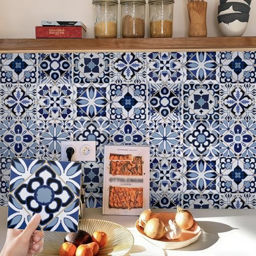 24pcs Blue Moroccan Tile Stickers Stick on Tiles for Kitchen Bathroom | 15x15cm Stick on Tiles for Bathroom Splashback Removable Waterproof Victorian Vinyl Peel and Stick Self Adhesive Wall Tiles