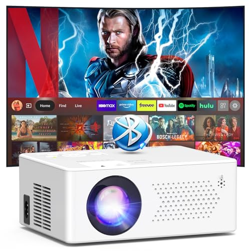 Smart Proiettore con Android, Mini Proiettore WiFi6 Bluetooth5.2 Full HD 1080P Portatile Esterno/Home Cinema, Display 50% Zoom 200 pollici, Compatibile con Stick/HDMI/Smartphone/console di gioco