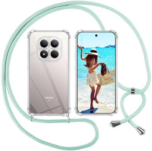 ISOI Funda con Cuerda para Xiaomi Redmi Note 15 Pro 5G, Carcasa Transparente TPU Suave Silicona Case con Correa Colgante Ajustable Collar Correa de Cuello Cadena Cordón, Verde