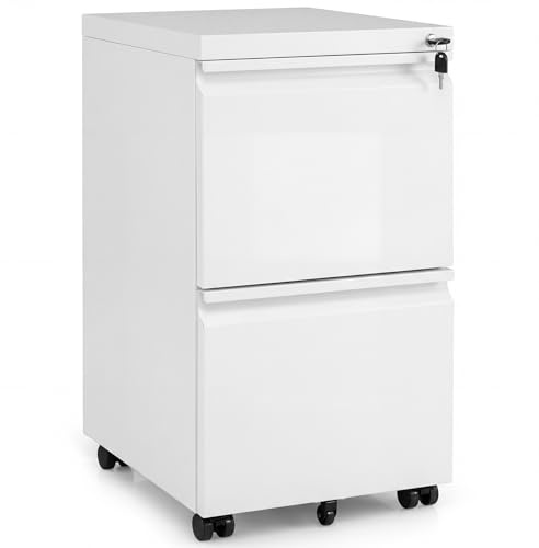 COSTWAY Rollcontainer abschließbar mit 2 Schubladen, Weiß | Aktenschrank unter Schreibtisch, Bürocontainer mit 5 Rädern & Hängeregistratur für Dokumente, Metallschrank, 44 x 37 x 67 cm
