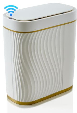 sapisecret Automatischer Sensor-Mülleimer 8L, schmales Design, Weiß-Gold | Elektrisch und leise, mit Linien-Design, spritzwassergeschützt und geruchsreduzierend, für schmale Bereiche neben dem WC