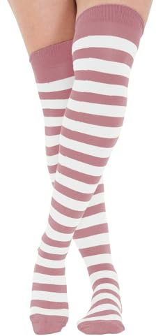 Crazy Chick® Stripe Over The Knee Socks Thigh High Girls Stretchy OTK Socks Fancy Dress (Baby Pink & White)