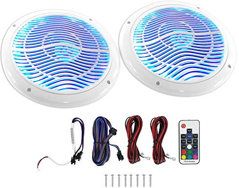 Rockville Pair RMC65LW 600W Peak / 75W RMS 2-Way White Marine Speakers, Multi-Color LED Lighting, Remote Control, Waterproof, Perfect for Boats and Outdoor Audio