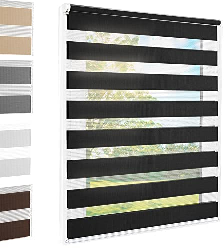 Doppelrollo Klemmfix ohne Bohren Schwarz 90x140 cm [Stoffbreite 86cm] Duo Rollo Fensterrollo für Fenster/Türen Gardine Klemmrollo Seitenzugrollo Sichtschutz Sonnenschutzrollo Zebrarollo