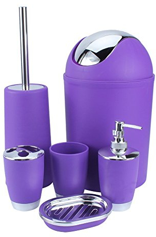 Yosoo, 6-teiliges Luxus-Badezimmer-Set aus Kunststoff, bestehend aus Lotionsflasche, Zahnbürstenhalter, Zahnputzbecher, Seifenschale, WC-Bürste, Abfalleimer violett