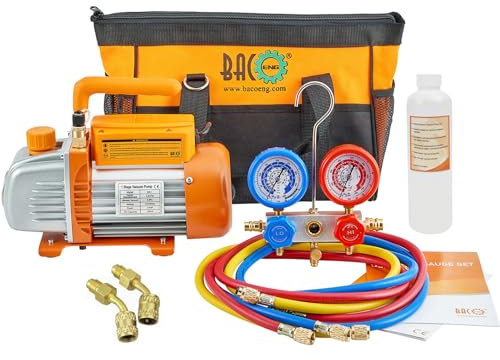 BACOENG 3.6CFM Vacuum Pump & Manifold Gauge Set - Home Mini Split/HVAC A/C Refrigeration Kit - Diagnostic R12 R22 R410A - w/Case & R410a Mini Split Adapters