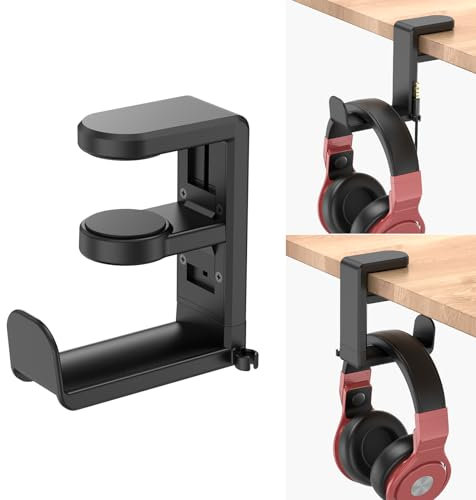 PC Gaming Headset Headphone Hook Holder Hanger Mount, Headphones Stand with Adjustable & Rotating Arm Clamp, Under Desk Design, Universal Fit, Built in Cable Clip Organizer EURPMASK