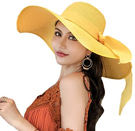 Elonglin Chapeau de Soleil en Paille à Bord Large pour Femme Capeline Pliable Décoration de Ruban pour Extérieur Plage Eté Anti-UV Respirant Jaune
