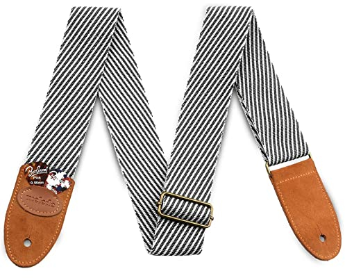 Gitarrengurt Vintage Tweed 100% Baumwolle & echtes Leder Enden Gurt mit Plektrentasche für Bass, E- und Akustikgitarren (Schwarz/Grau)