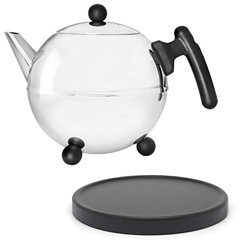 Bredemeijer Bella Ronde Edelstahl-Teekannen-Set 1.2 L - Doppelwandige Edelstahlkanne in Kugelform mit Füßen, silber - schwarzer Untersetzer, ohne Siebeinsatz, ideal für Teebeutel & losen Tee