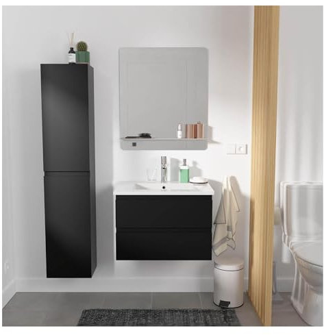 Meuble Salle de Bain 60 cm + Colonne Noir + Miroir Tablette Blanche Sorrento