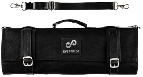 EVERPRIDE Chef's Knife Roll Bag for 12 Knives and Cooking Utensils - Durable, Large Knife Bag Made of Canvas and Genuine Leather - Elegant Cooking Bag for Professional Chefs - Knife Not Included