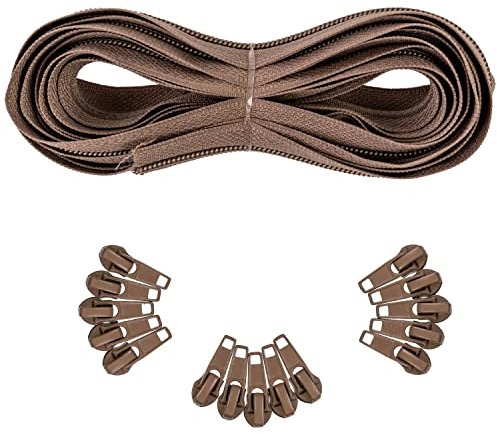 Endlos Reißverschluss, 330 cm Gesamtlänge, Größe #5, Dunkelbraun, nicht teilbar, Breite 32 mm, Zahnbreite 6,5 mm, Set mit 15 x Metall RV Schieber Laschen, Reissverschluss Spirale mit Anhängern DIY Kit