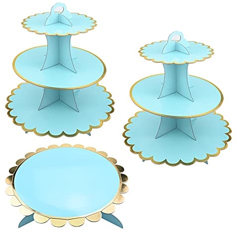 3 Pack Cardboard Cupcake Stand, 3 Tier Dessert Tower and 1Tier Cake Stand for Birthday, Baby Shower, Wedding, Party, Dessert Stand Round Tower, Display Stand for Cakes (Round Blue)