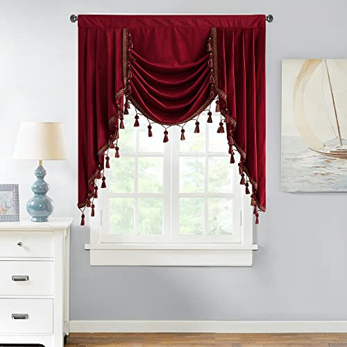 StangH Weihnachtsvorhang, roter Samt, luxuriös, verdunkelnd, Wasserfall-Volant, Dekor für Theater, Stangentasche, Raumverdunkelung, Fenstervorhänge für Schlafzimmer/Badezimmer, B 99 cm, 1 Vorhang