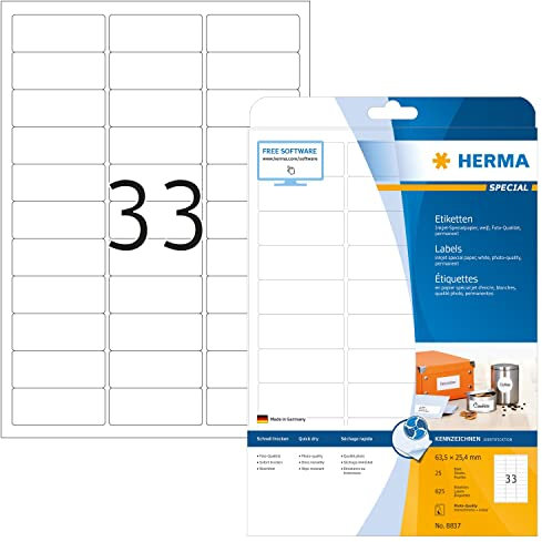 HERMA 8837 Universal Etiketten für Inkjet Drucker, 800 Blatt, 63,5 x 25,4 mm, 33 pro A4 Bogen, 26400 Stück, selbstklebend, bedruckbar, matt blanko Klebeetiketten Aufkleber für Tintenstrahldrucker weiß