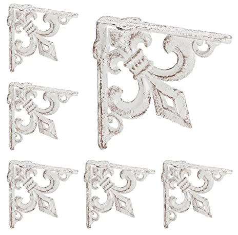 8 x Regalwinkel antik, Regalträger Gusseisen, Lilien Ornament, Vintage Wandwinkel für Regalboden, Regalkonsole, weiß