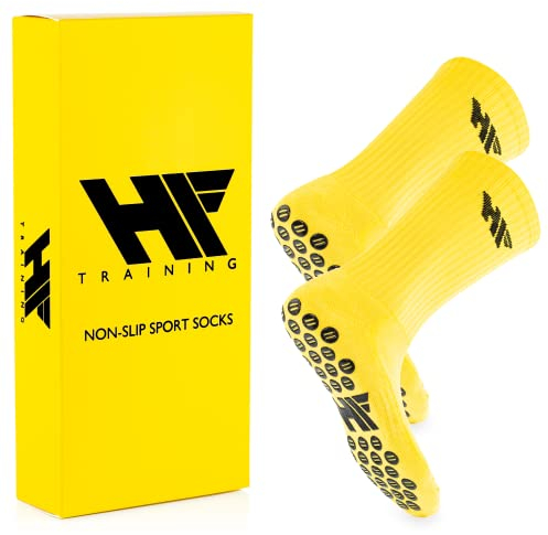 HF Training - 1 Paar Rutschfeste Fußball Socken in Gelb mit schwarzen Noppen (Unisex) - Fussball-Socken mit Grip für Damen & Herren - Anti-Rutsch Fußballsocken lang - Sport-Socken atmungsaktiv