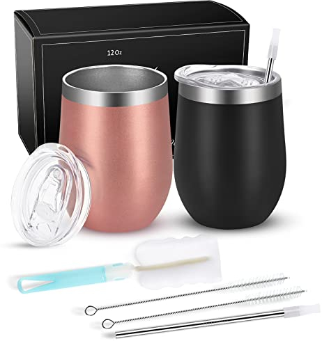 Joymaking 2 Stück Weinbecher Edelstahl, Stemless Weinbecher mit Deckel, Doppelwandige Unbreakable Travel Becher für Milk, Kaffee, Wein, Bier, Champagner, Cocktails, Rosagold-Schwarz