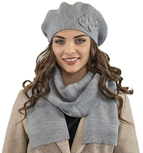 VIVISENCE Damen Mütze Mit Schal Mit Blume Applikation Wärme An Wintertagen 7006, Hellgrau,Einheitsgröße