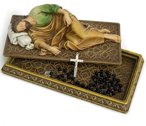 BC katholische schlafende St. Joseph-Statue mit Gehäusesockel, katholische Statuen, Halter für Rosenkranz, 22,4 cm L, handbemalt (vollfarbig)