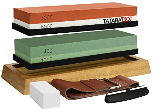 Schleifstein Messer 400/1000 & 3000/8000 - 6-in-1 Set mit x2 Steinen, rutschfeste Holzunterseite, Schärfführung, Polierstein, Lederband und elegante Geschenkbox (Schleifstein-Set)