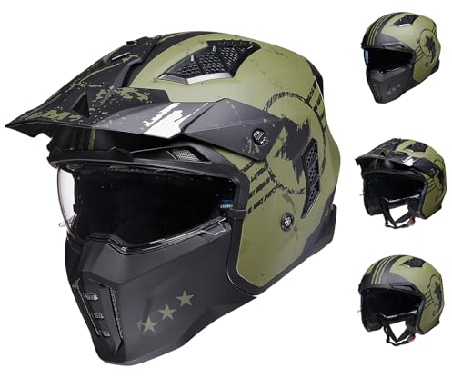 ILM Helm Motorrad Motocross Herren Damen Vintage Retro mit Visier ECE Model Z302,Armee Grün, XL