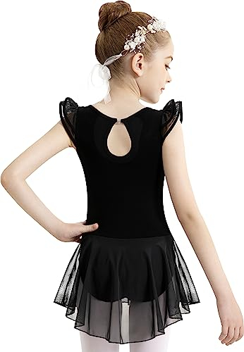 Mulnall Girls Ruffle Sleeve Ballet Leotard with Mesh Skirt Dance Dresses, Water-drop Hollow Back(23705-06-M)