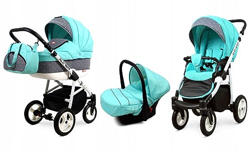 BabyLux® Bambimo Kinderwagen Set 3 in 1 - Alu Way - incl. Babywanne, Buggy Sportsitz, Auto-Babyschale - Autositz - Kinderwagenset - Kombikinderwagen mit Wickeltasche, Regenschutz usw.