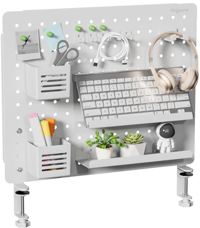 PEGZONE Klemmbare Schreibtisch-Stecktafel, Schreibtisch-Organizer für Büro, Gaming, Zuhause, magnetische Metall-Stecktafel mit 15 Zubehörteilen, Sichtschutz für Büro, 51,8 x 41,9 cm, groß, Weiß