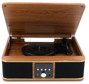 Halterrego Platine Vinyle Boston AV Haut-parleurs intégrés, 3 Vitesses, Bluetooth Entrée/Sortie, RCA Out, Aux in, USB, Adaptateur Inclus, Bois