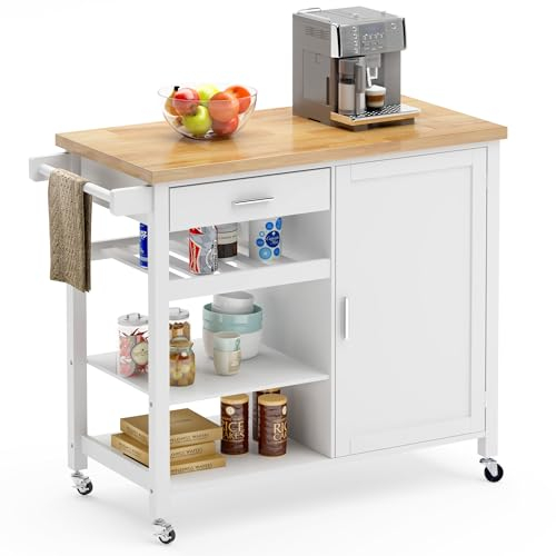 soges Isla de Cocina Móvil con Ruedas, Carro de Cocina Blanco de Madera con Cajón, Estantes de 2 Niveles, Organizador de Botellas y Toallero Trolley Versátil y Elegante