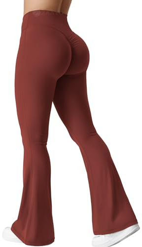 ZAAYO Damen Flare Scrunch Leggings V Cross Taille Bell Bottom Yoga Hosen Tummy Control Bootcut Workout Leggings Burgunderrot L