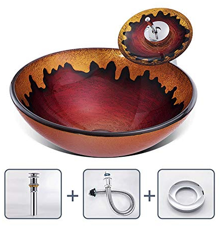 CCKUHN Fregadero de Recipiente con Textura de Roca de Vidrio Templado sobre encimera, Lavabo Redondo para baño, Combinado con Grifo de Cascada, Cuenco Decorativo para el hogar, Hotel, Bal