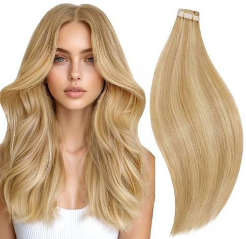 RUNATURE Tape Extensions Echthaar 60cm Blond Invisible Tape in Extensions Echthaar Blond Mix Goldblond Tape Extensions Blond Glatt 50gram 20pcs #16P24