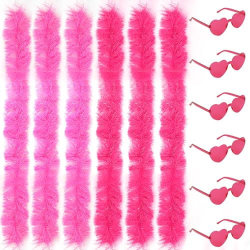 LACGO 6 x rosa Federboas mit 6 Gläsern, künstliche flauschige Boas, Dekoration, Verkleidung für Frauen, herzförmige randlose Sonnenbrille, Party-Zubehör für Mädchen, Junggesellinnenabschied, Halloween