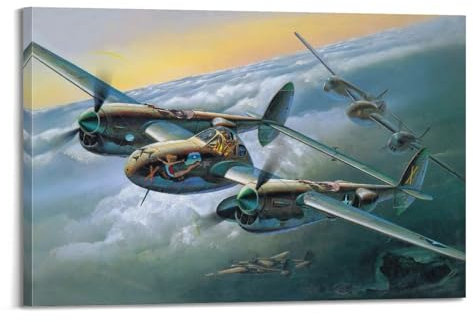 FYRNQ Militär-Poster, Weltkrieg, Lightning P-38, Kampfposter, Wandkunstdruck, Retro, ästhetisch, Raumdekoration, Gemälde, Leinwand, Heim- und Bürodekoration, 60 x 90 cm, Rahmenstil